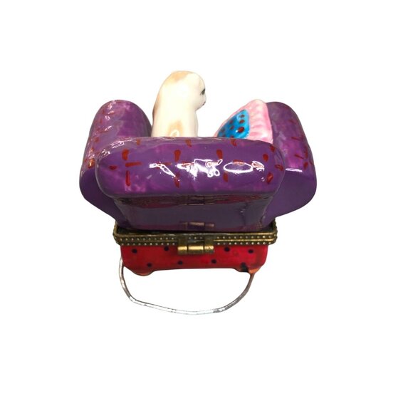 Gift Box Cat Chair Porcelain Hinged Trinket Present Jewelry Pill Purple Kitten - Picture 5 of 13